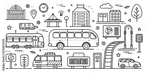 Urban transportation icons featuring buses trams trains and city buildings for public transit concepts
