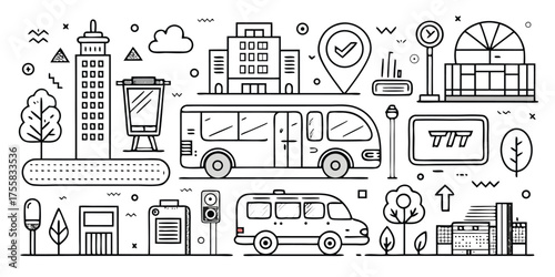 City transportation icons including buses buildings and public transit elements