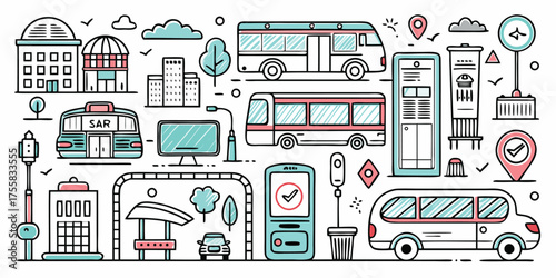 Diverse city transportation and buildings line art collection with buses and vans