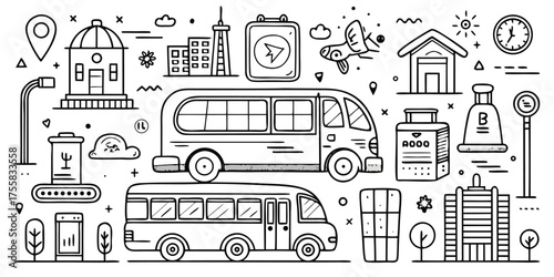 Collection of transportation vehicles and city elements in a delightful line art style