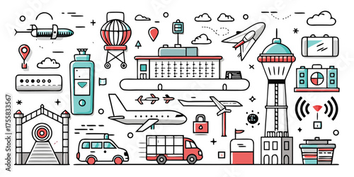 Diverse transportation and airport elements collection of vehicles aircraft and terminals