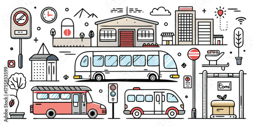 City transportation scene with buses buildings and traffic signs line art style