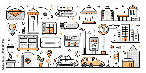 Modern cityscape elements smart city solutions urban development transportation and communication icons