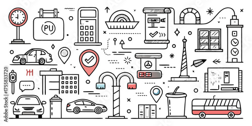 Modern transportation and urban services doodles featuring cars buses gas station and navigation elements