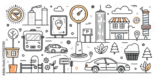 Doodle cityscape elements featuring transportation and sustainable energy concepts in outline style