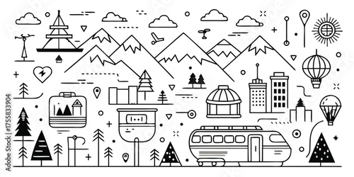 Whimsical doodle art depicting mountains cities transportation and adventure elements