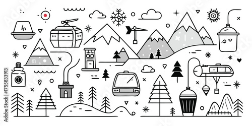 Whimsical mountain ski resort scene with cable cars trees and buildings