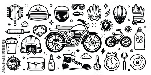 Motorcycle and bicycle gear collection featuring retro bike helmets gloves and accessories