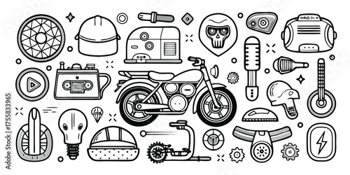 Collection of vintage and retro transportation and tech gadgets hand drawn style