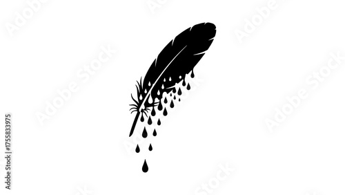 Black feather with ink drops with transparent background