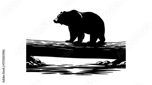 Bear standing on log with transparent background