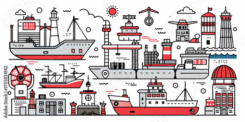 Diverse maritime vessels and port structures collection artistic rendering