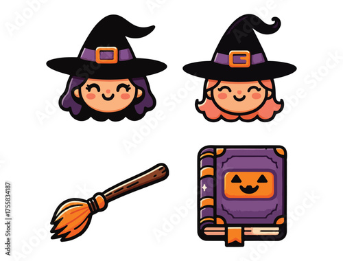 Funny and Cute Witch Vector Collection – Playful Halloween Sorceress with Magic Tools