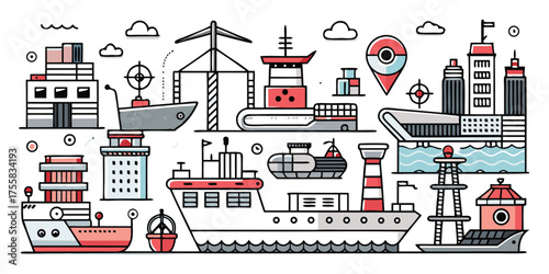 Diverse maritime transportation vehicles ships boats and port infrastructure with buildings and cranes