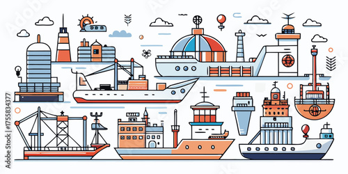 Diverse fleet of ships and marine structures nautical transportation scene