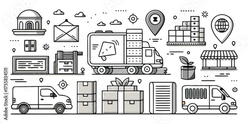 Logistics and delivery icons featuring trucks vans packages and buildings for transportation services