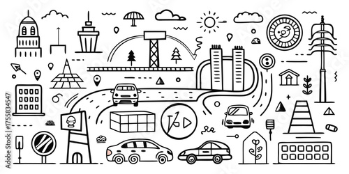 Doodle art depicting a modern cityscape with transportation and buildings