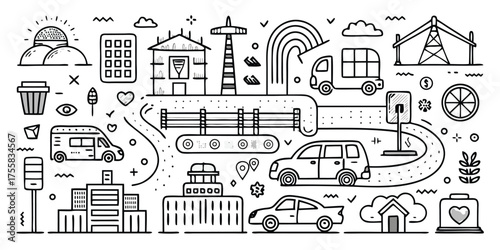 Collection of hand-drawn icons representing urban life transportation and buildings