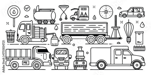 Collection of various trucks and transportation vehicles with related icons and symbols