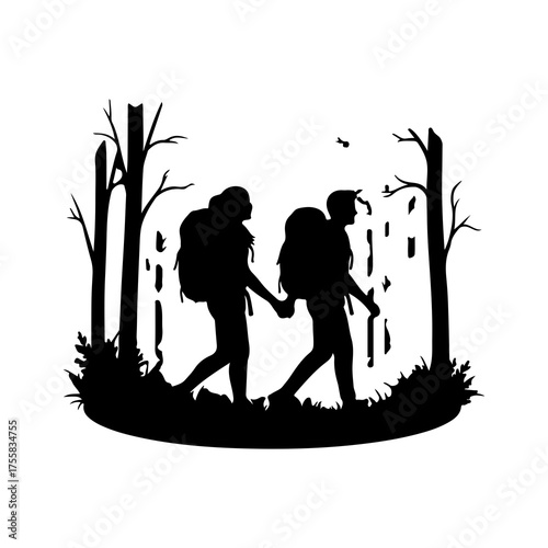 Couple hiking in forest with transparent background