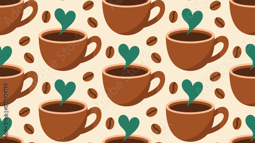Seamless coffee pattern featuring brown cups with heart shaped steam and coffee beans on a light background