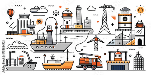 Industrial port scene with ships trucks and power lines hand-drawn style collage