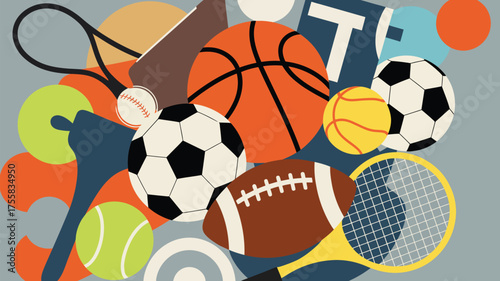 A colorful assortment of sports equipment including balls rackets and other sporting goods scattered around
