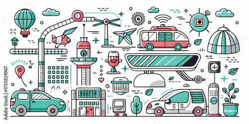 Futuristic cityscape showcasing advanced transportation and sustainable technologies in a bright artistic style