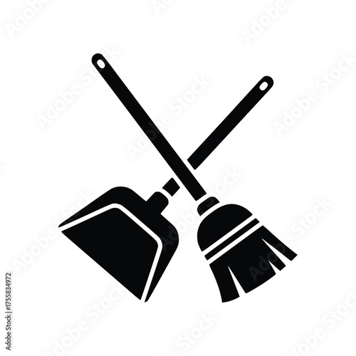 Crossed Broom and Dustpan Solid Glyph Vector Icon