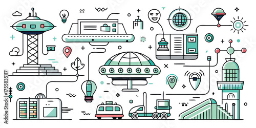 Futuristic transportation and smart city concepts abstract line art design