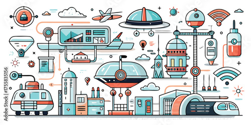 Whimsical steampunk airships and retro-futuristic vehicles in a collage style