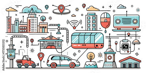 Diverse urban transportation and city elements collage featuring cars trains buildings and more