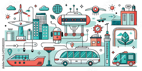 Future transportation concepts smart city vehicles sustainable energy solutions and urban development elements