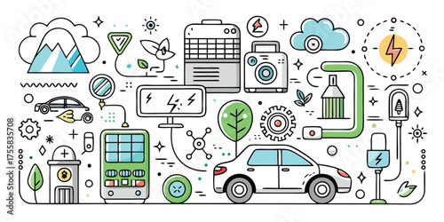 Smart city transportation and green technology icons symbolizing sustainable urban development