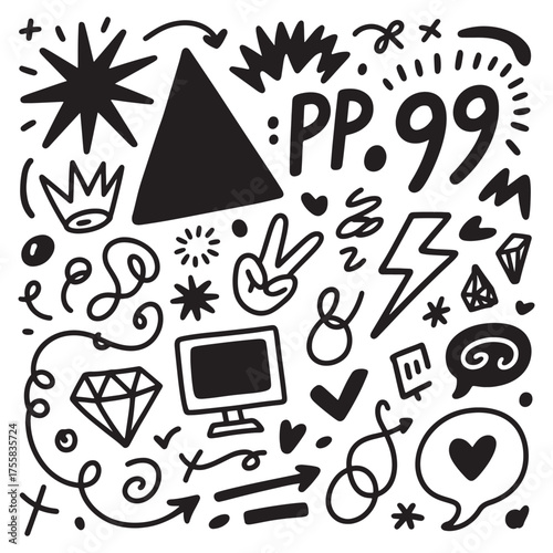  Whimsical Doodle Pattern with Peace Sign, Crown, and Lightning Bolt