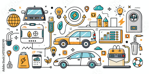 Electric vehicle charging station and sustainable city transportation concepts doodles