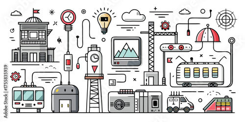 Diverse city elements including transportation buildings and industrial symbols hand drawn style