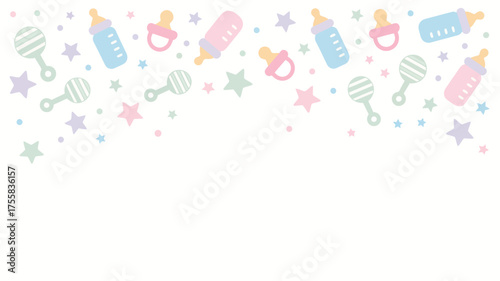 Pastel baby shower background with bottles rattles pacifiers and stars on a white surface design