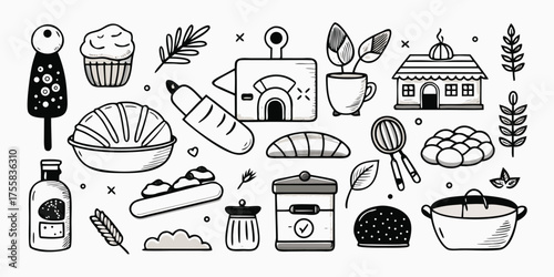 Charming hand-drawn collection of bakery food and kitchen gadgets for culinary delights
