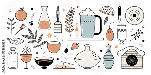 A collection of hand-drawn kitchenware botanical elements and decorative objects in a sketchy style