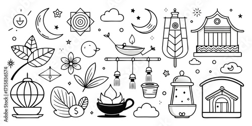 Whimsical hand drawn ramadan elements featuring moon lanterns houses and stars for festive designs