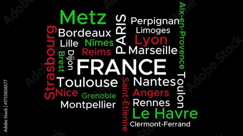 Text animation video of cities names of France
