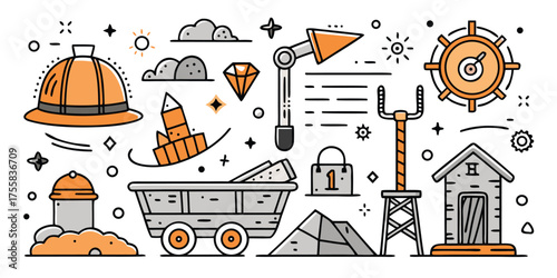 Mining industry icons elements tools safety equipment geology resources prospecting symbols