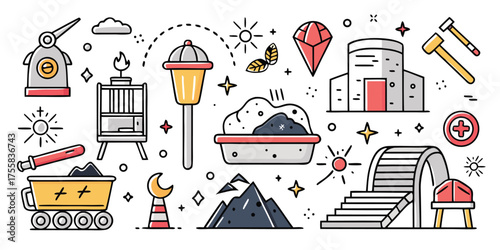 Collection of mining industry icons featuring equipment buildings and natural elements
