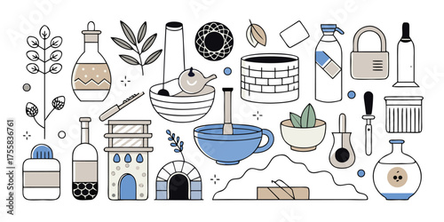 Hand drawn assortment of bottles vases plants and gadgets in sketchy style
