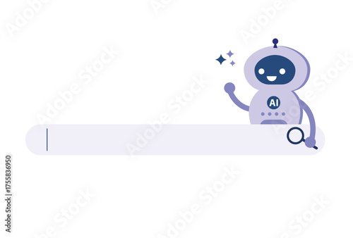 Chatbot character with search bar. AI help and support with information, seo, question. Artificial intelligence support, service concept
