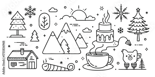 Cozy winter scene line art icons featuring house snowflakes mountains coffee cake