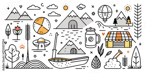 Outdoor adventure camping and hiking graphics with mountains tents hot air balloons and boats