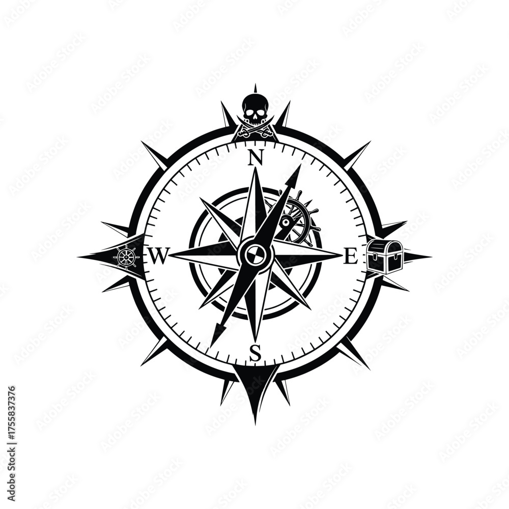 Obraz premium Pirate Compass Rose Navigation Vector Illustration