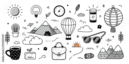 Doodle collection of business and travel icons symbols for creative projects and presentations
